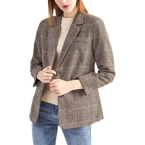 Ebossy Blazer Women Brown Notch Lapel 2Button Suit Houndstooth Plaid Jacket Coat